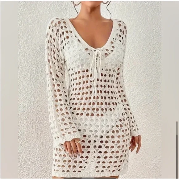 Hollow Out Crochet Lace Up Knitted Beach Summer Cover-Up Dress, Size L, NWOT - Picture 3 of 10